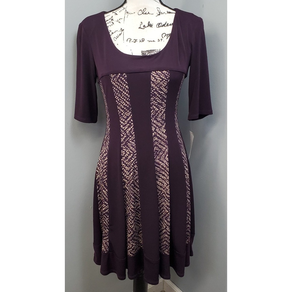 Connected Apparel Sheath Dress Womens Petite 10P Purple Tan‎ Stretch Scoop Neck